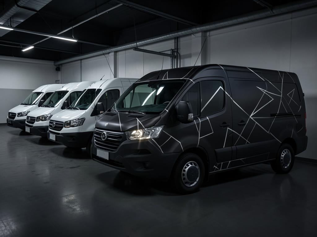 Fleet of branded vans and box trucks parked together at night